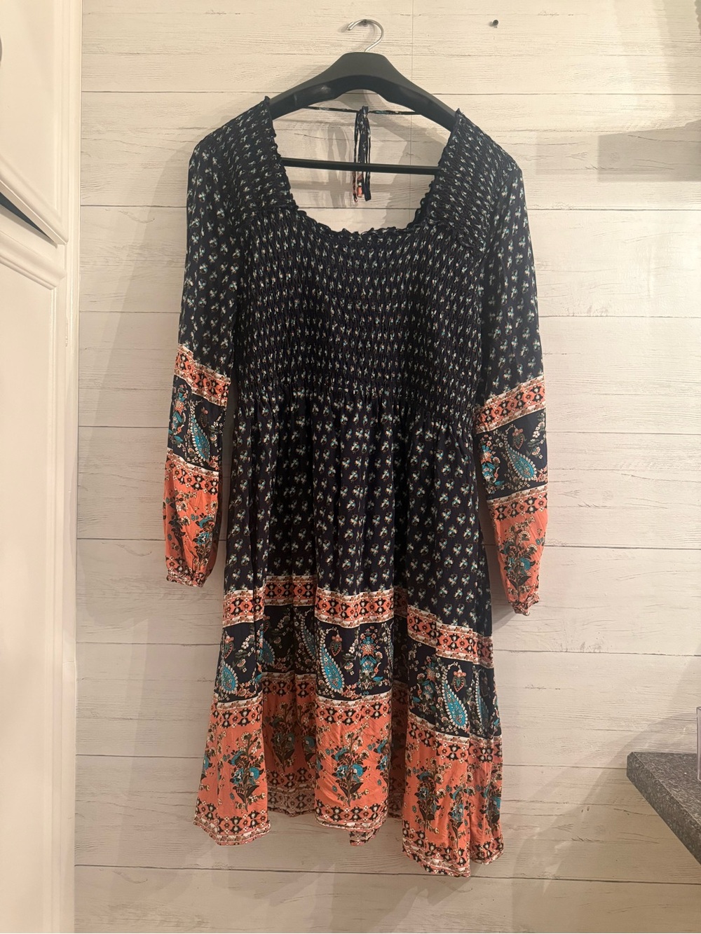 The Pyramid Collection 1x Boho Smocked Peasant Dress Paisley Border Print